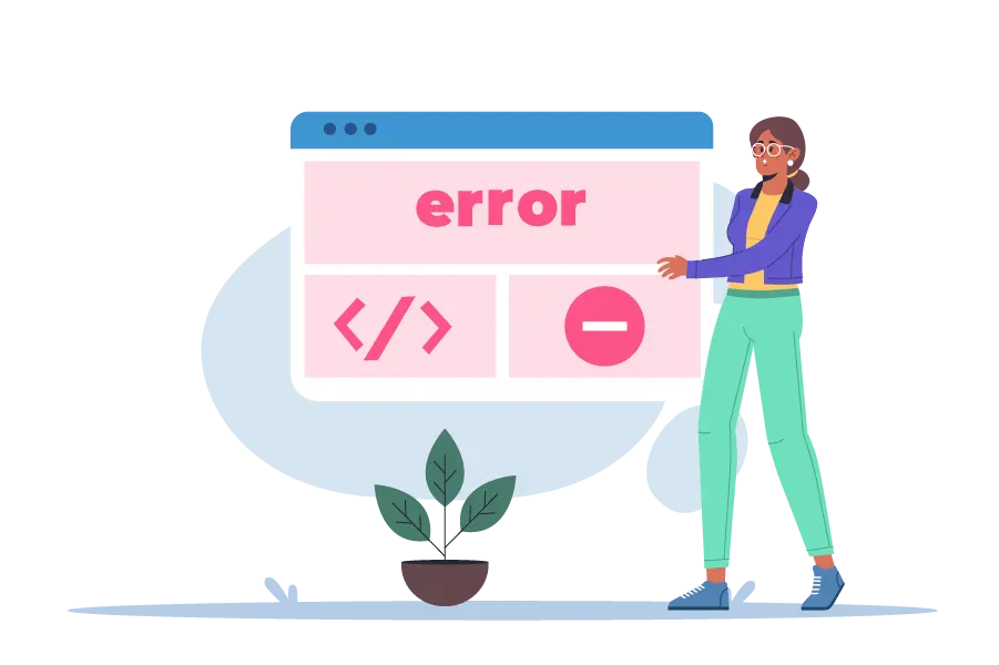 Illustration d'une femme près d'un grand panneau avec une inscription error rouge